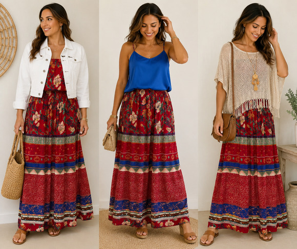 Stonebridge Dresses & Skirts - Vintage Red Blue Floral Maxi Skirt Womens large Boho Striped Rayon Cottagecore